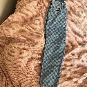 high rise checker straight jeans